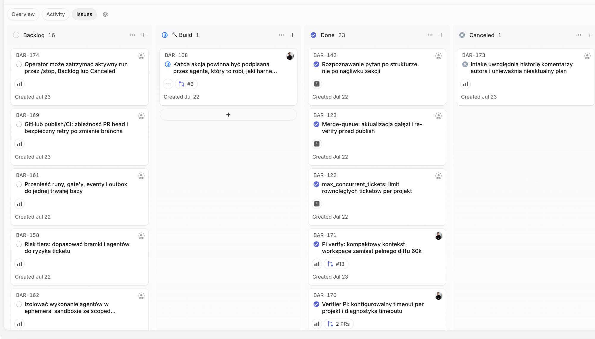 Tablica Linear projektu br-factory: kolumny Backlog, Build, Done (23), Canceled — tickety fabryki z podpiętymi PR-ami