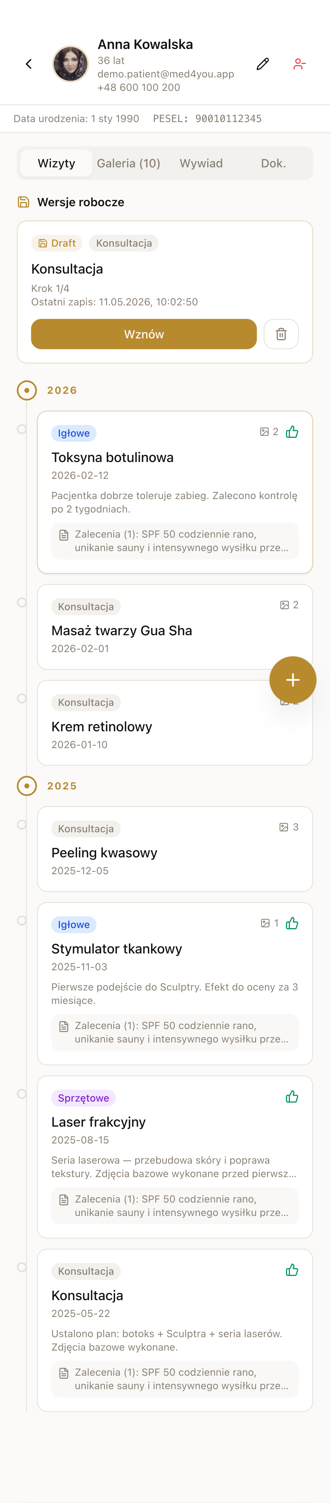 Profil pacjenta, oś czasu wizyt