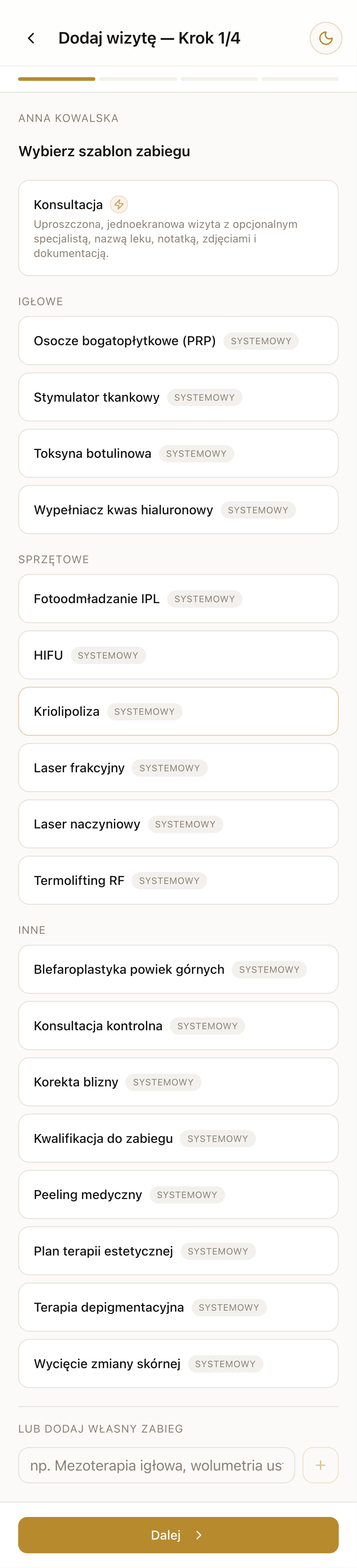 Szablon zabiegu