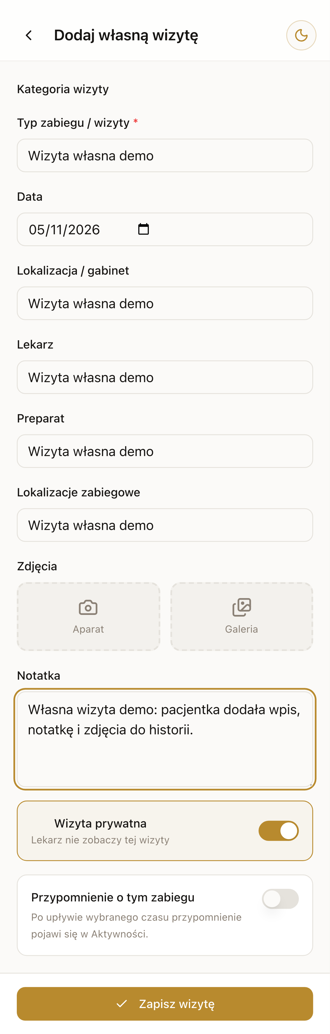 Pacjent, własny wpis wizyty