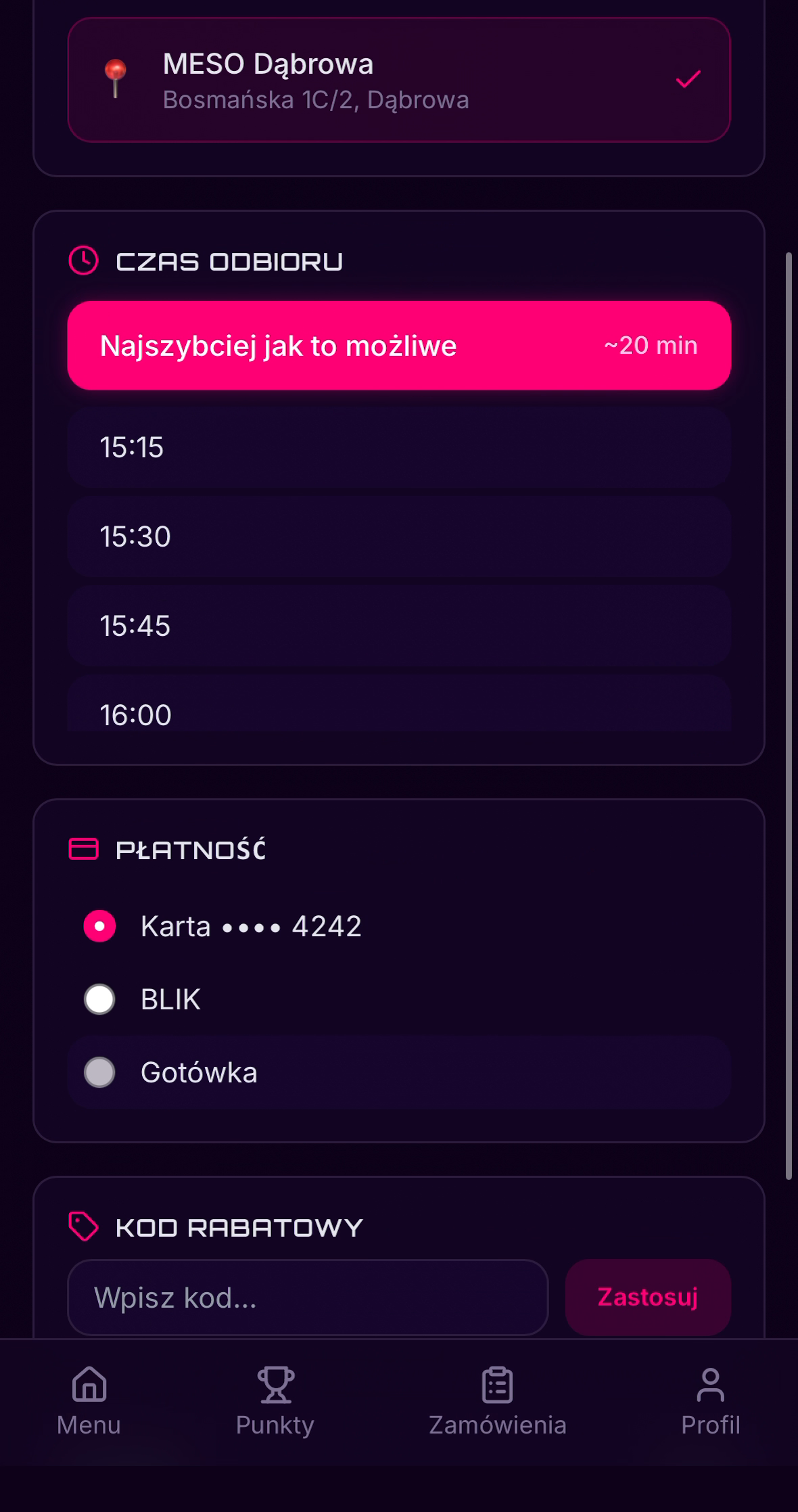Meso Delivery, checkout z płatnością kartą i BLIK