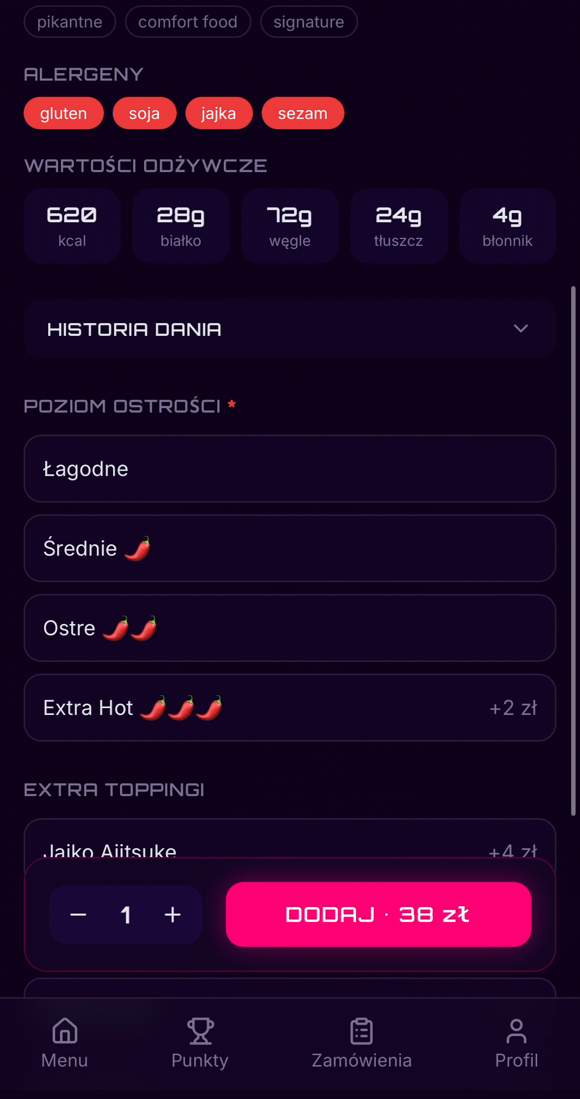 Meso Delivery, karta dania z wariantami i alergenami