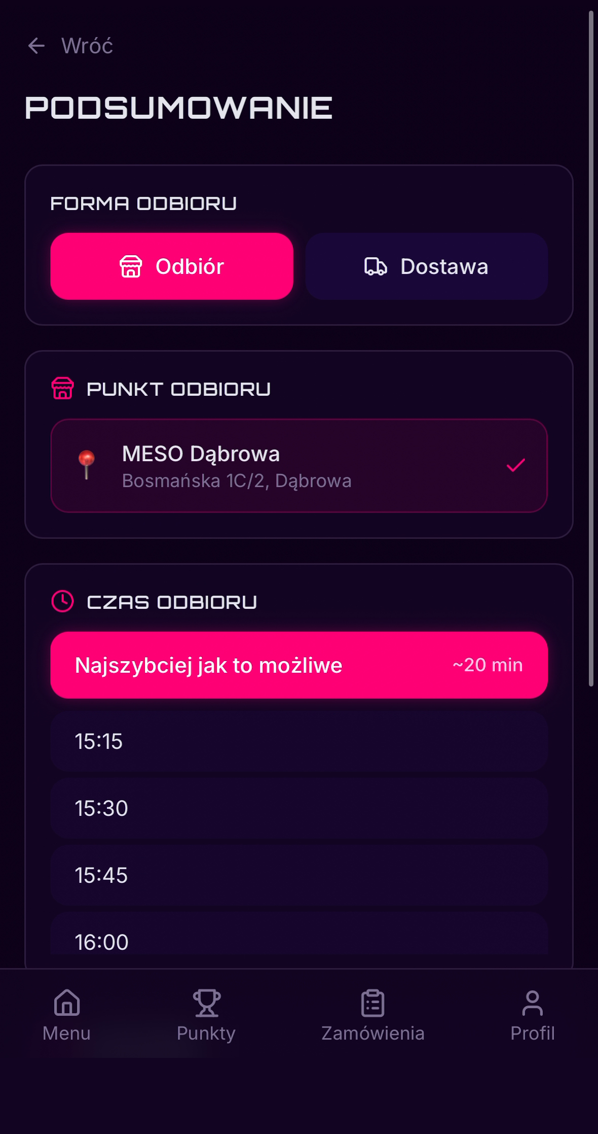 Meso Delivery, podsumowanie zamówienia z punktem i czasem odbioru
