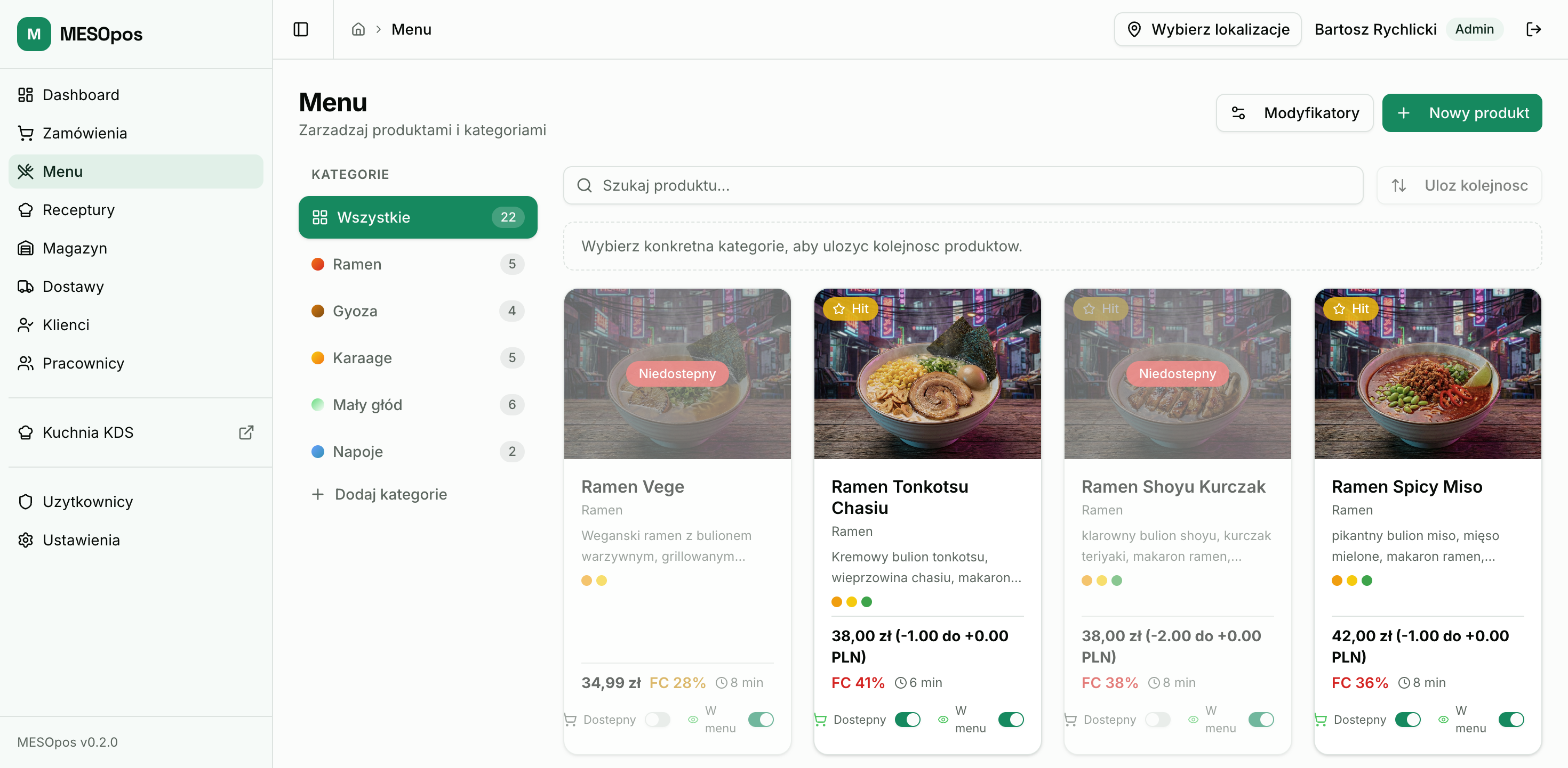MESOpos, zarządzanie menu z food cost