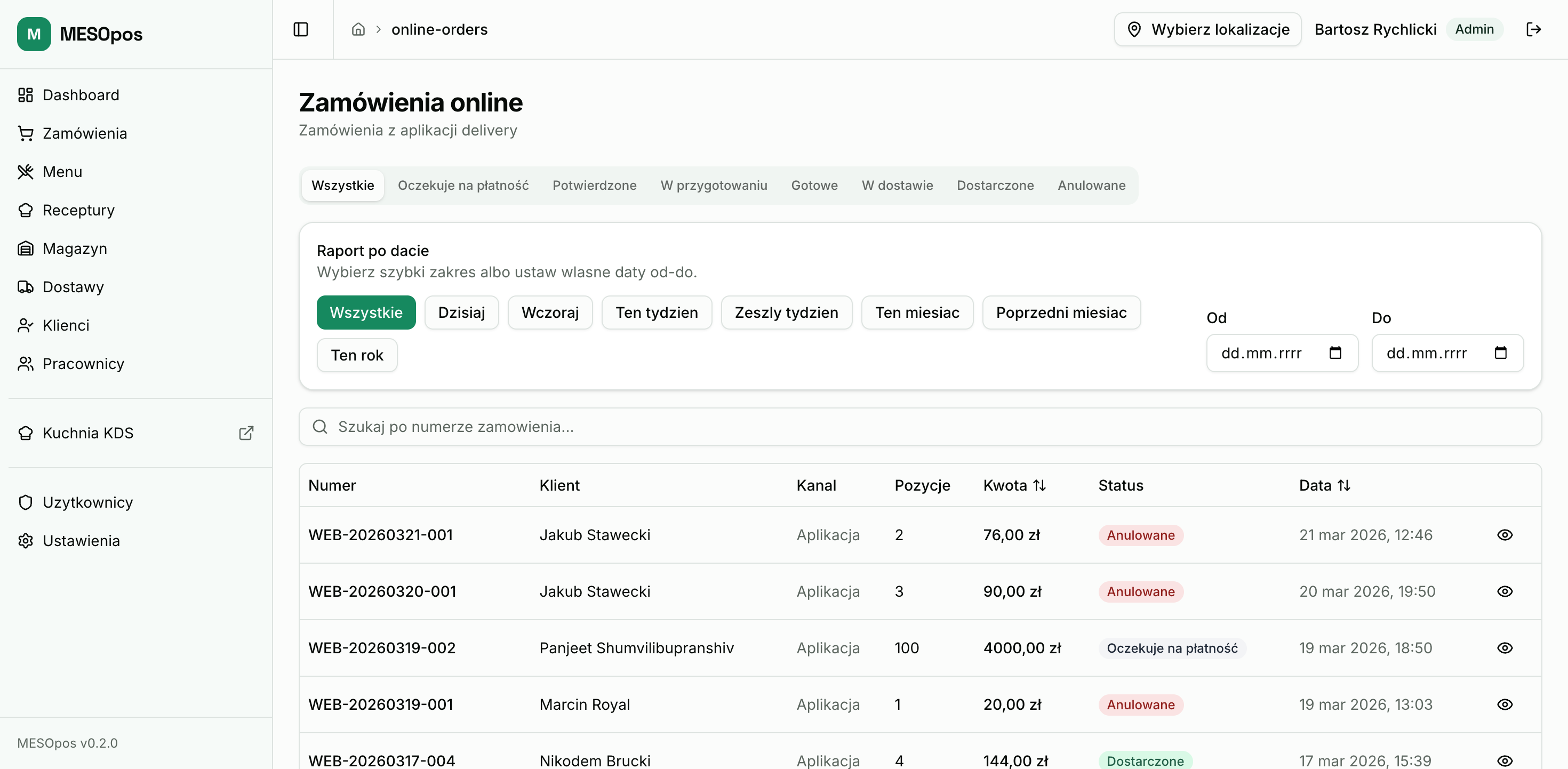 MESOpos, zamówienia online spływające z aplikacji Delivery