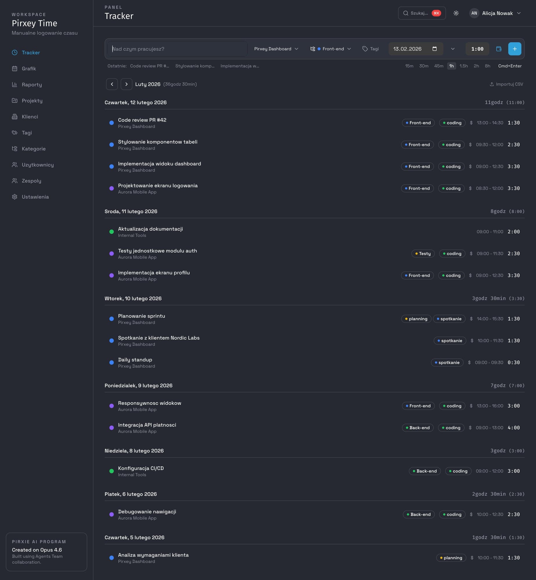 pirxey‑os · tracker w trybie ciemnym