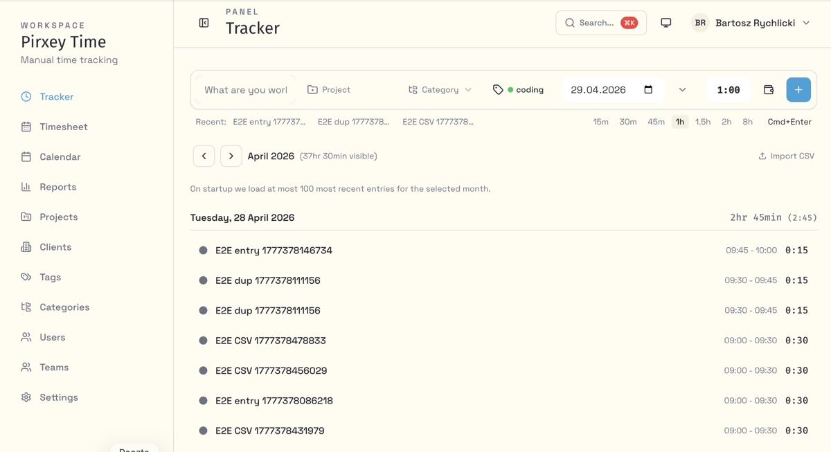 pirxey‑os · tracker czasu